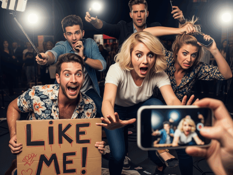 Desperate influencers begging for likes - highlighting the broken feedback loop of traditional social medi