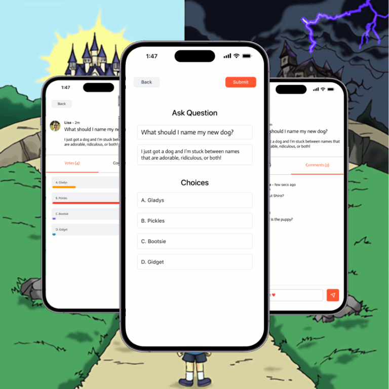 Cartoon meme of a kid standing at a crossroads, with three app mockups showing a WSID question, poll results, and user comments.