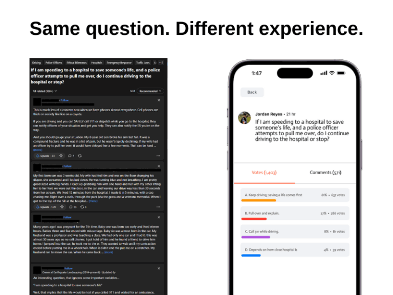 Side-by-side comparison of a Quora post and a WSID poll. The Quora post shows a long comment thread responding to a moral dilemma about speeding to a hospital. The WSID side shows the same question formatted as a multiple-choice poll with voting results and concise comments.