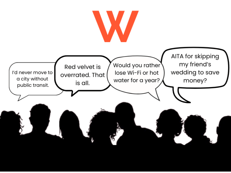 Illustration of people sharing opinions through speech bubbles, reflecting identity and community in polling