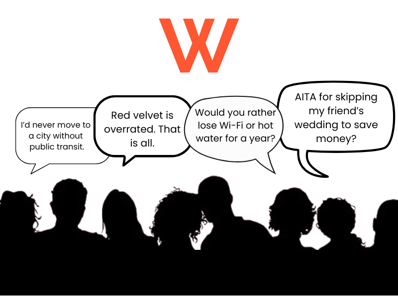 Illustration of people sharing opinions through speech bubbles, reflecting identity and community in polling