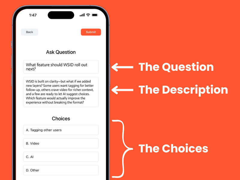 Smartphone screen showing a WSID question structure with title, description, and multiple choice options about platform features