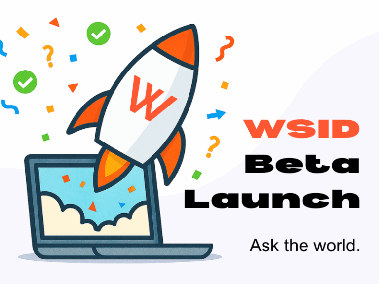 Stylized rocket labeled “WSID Beta” launching from a laptop screen with confetti, checkmarks, and question marks in the background