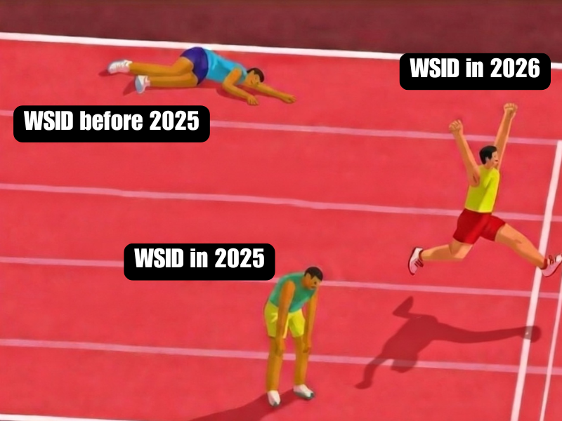 A three-part relay race meme illustrating WSID's progress. It shows "WSID before 2025" struggling on the track, "WSID in 2025" tired but maintaining momentum, and a victorious runner labeled "WSID in 2026" crossing the finish line.