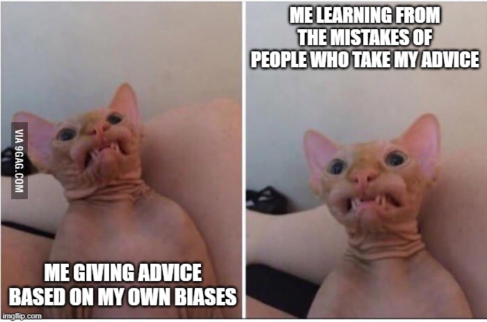 Hairless cat two-panel meme showing the humorous contrast between giving advice based on personal biases and learning from the mistakes of people who take that advice.