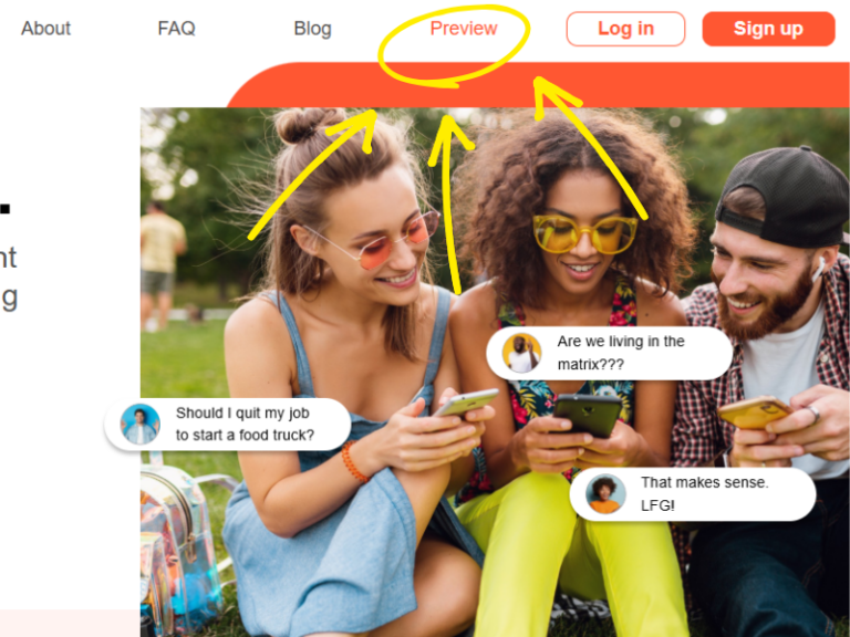 Three people outdoors smiling and engaging with their smartphones, illustrating social interaction and digital engagement with the WSID Preview button highlighted on a website navigation bar.